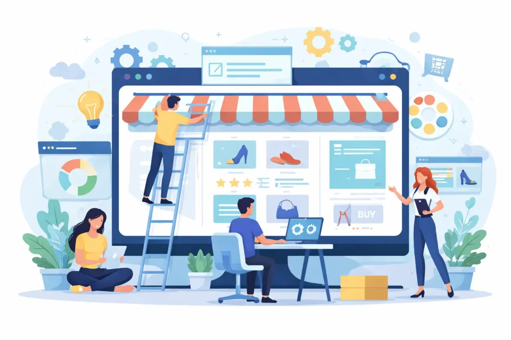 Image représentant la création de sites e-commerce en équipe.