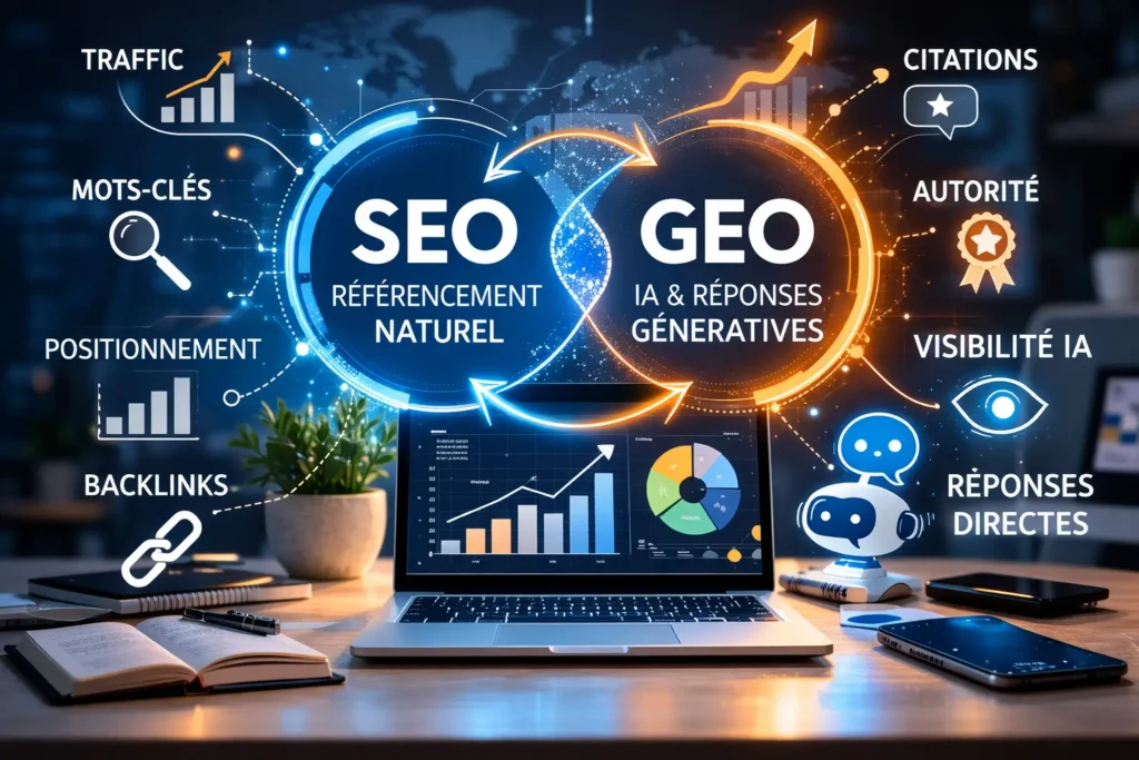 Image représentant la mise en place d'une stratégie hybride SEO / GEO