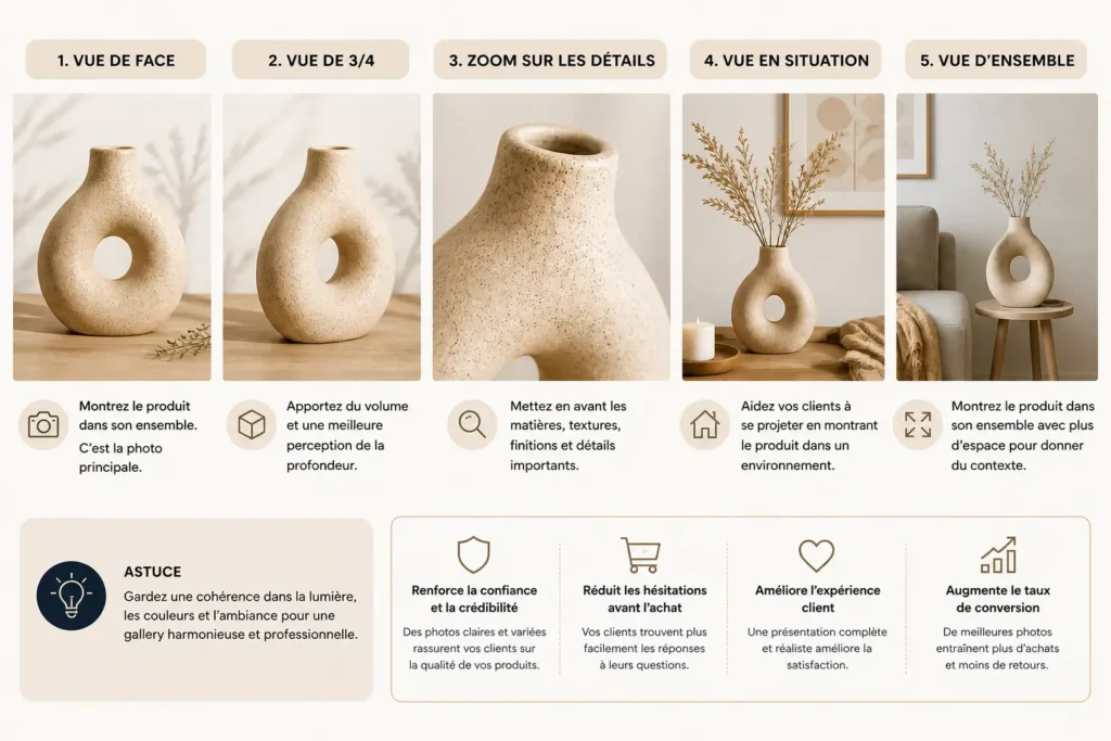 Illustration du cadrage et des angles des photos produits de décoration.